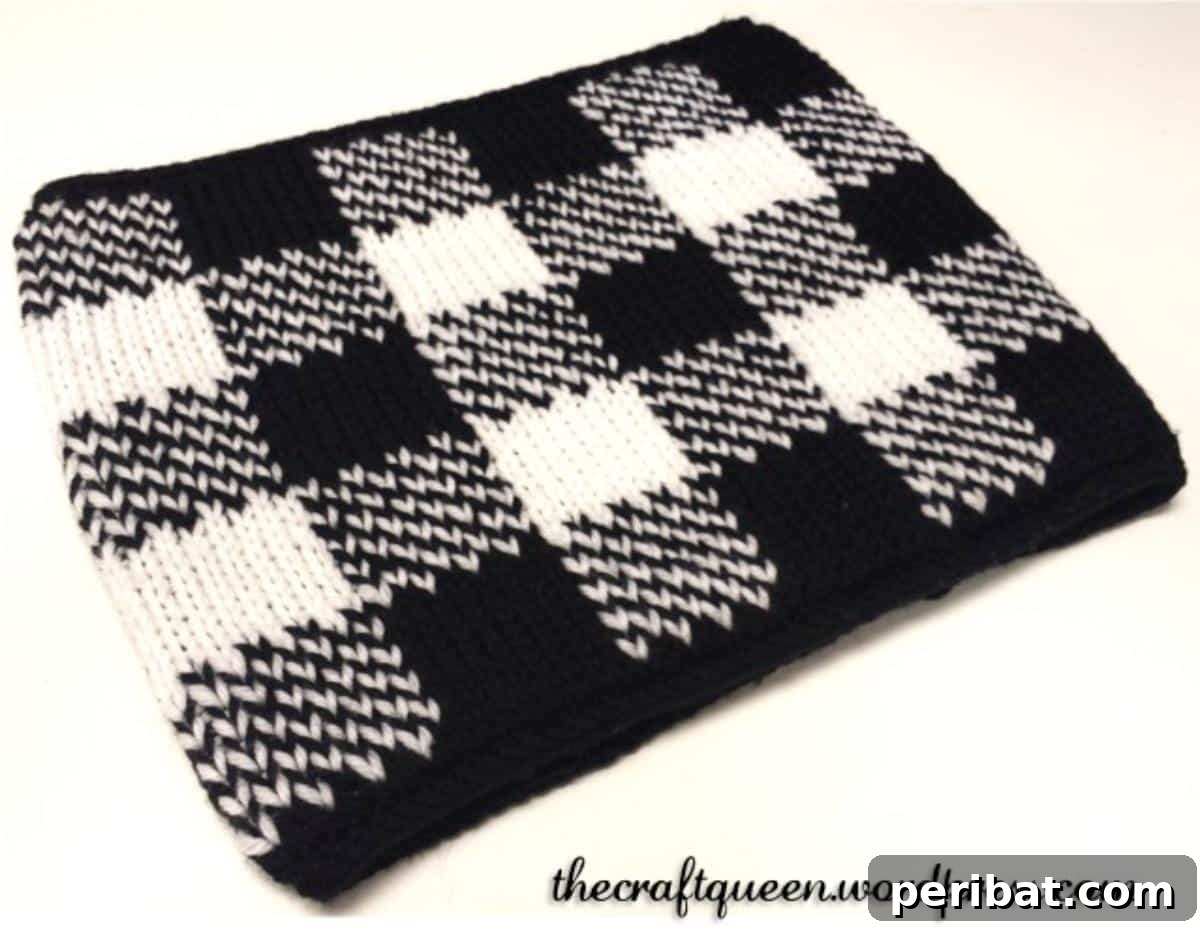 18 Creative Double Knitting Designs 14 Double Knit Gingham Neck Warmer. Fashionable gingham neck warmer, cozy shield against cold, blending style and warmth in double knitting.
