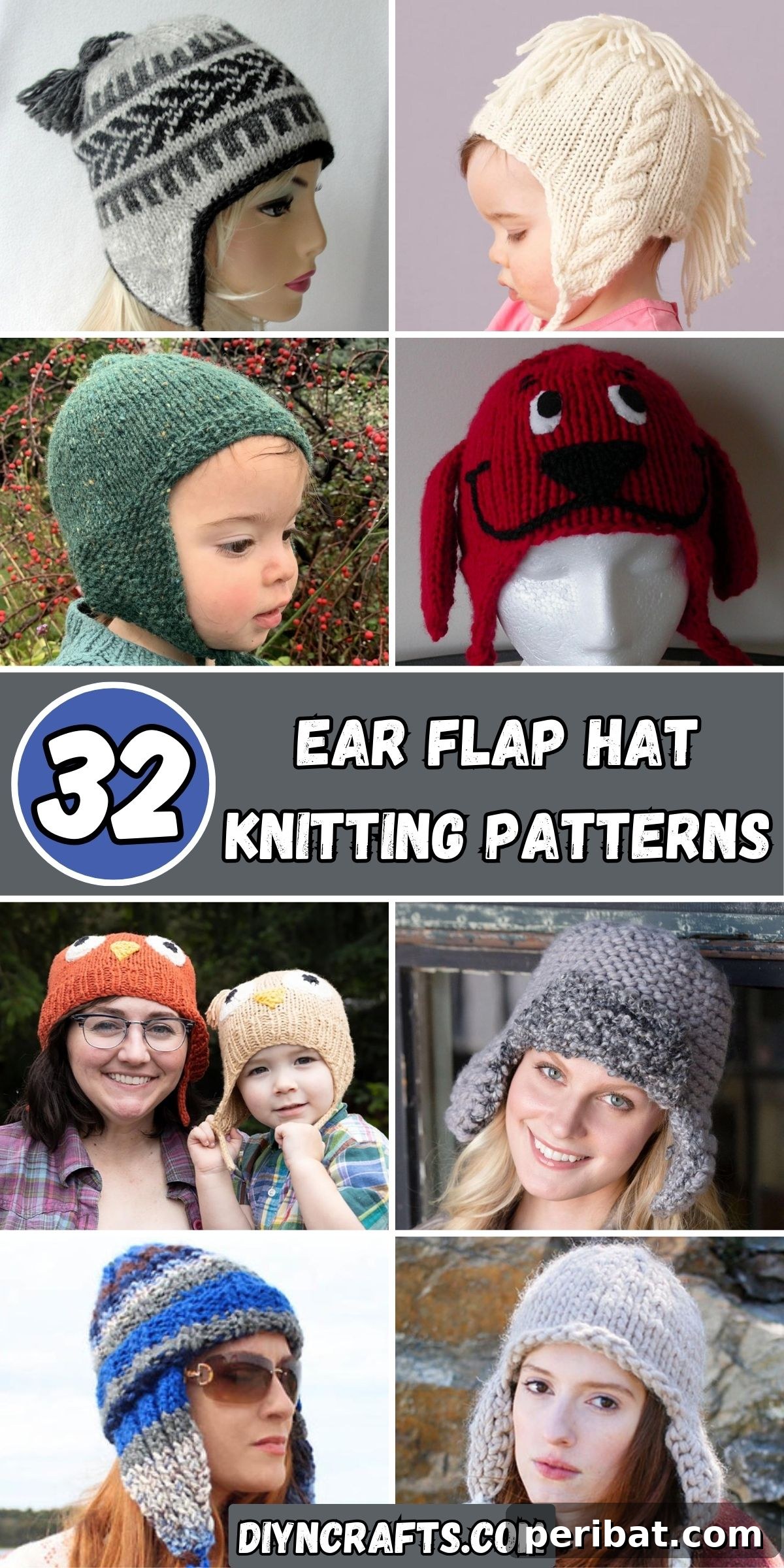 32 Cozy Ear Flap Hat Knitting Designs 2 A collage of 32 diverse ear flap hat knitting patterns, showcasing different styles, colors, and textures for all ages.