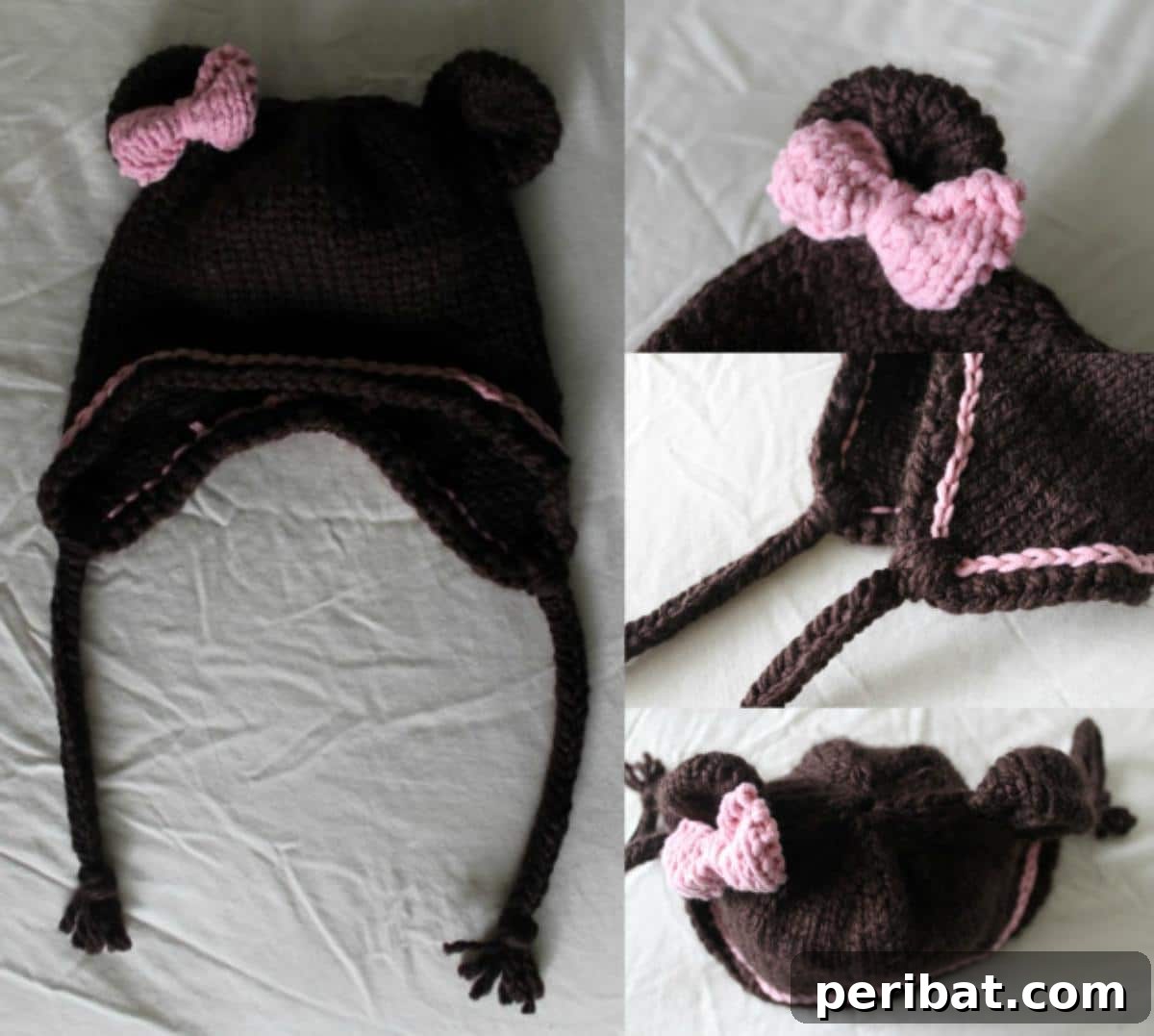32 Cozy Ear Flap Hat Knitting Designs 18 A cute Baby Bear Hat collage, showing different angles of the hat with adorable bear ears.