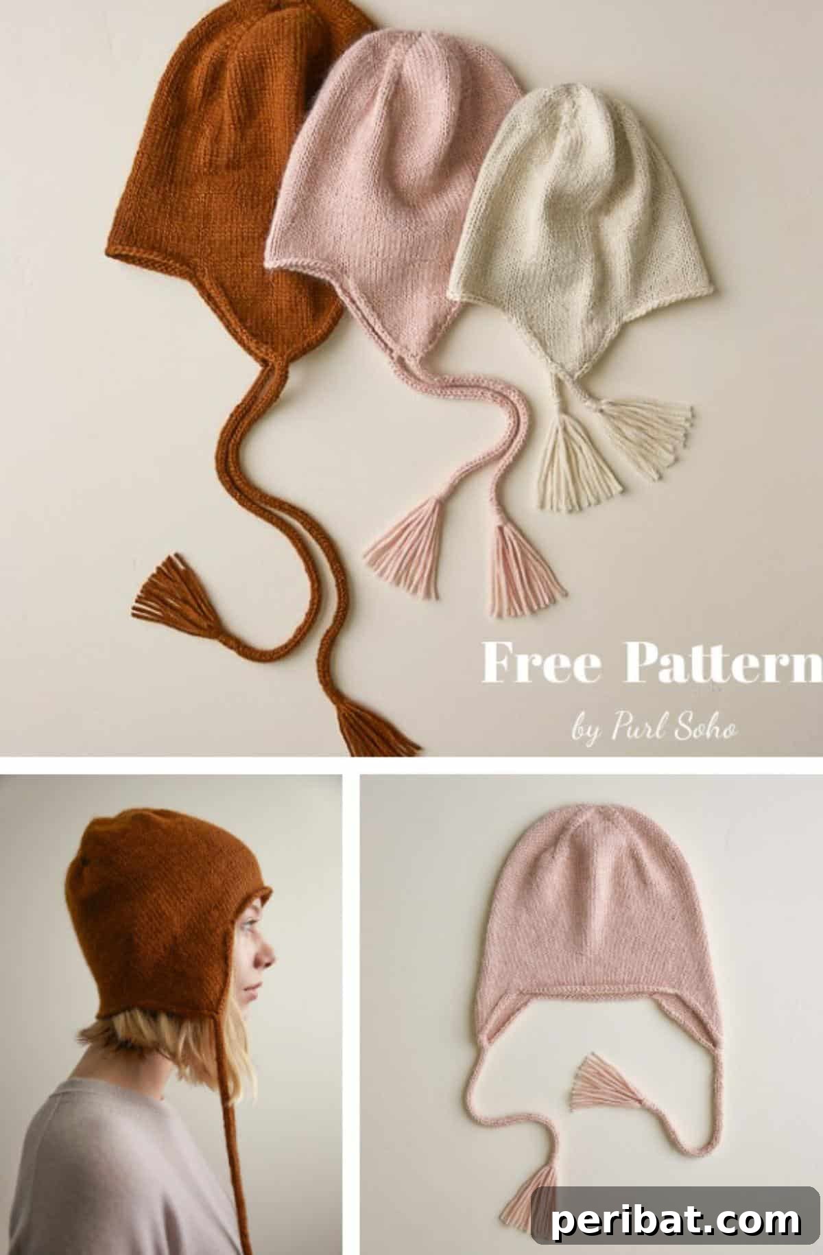 32 Cozy Ear Flap Hat Knitting Designs 19 A collage of 'All in the Family' earflap hats, showcasing matching designs for various family members.