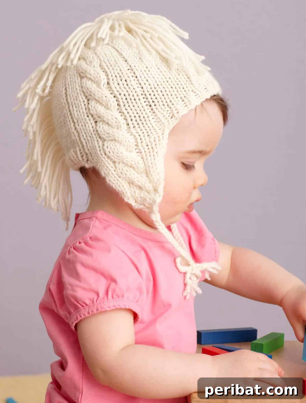 32 Cozy Ear Flap Hat Knitting Designs 7 A baby's cabled and fringed hat made from soft, luxurious yarn, featuring playful fringe detail.