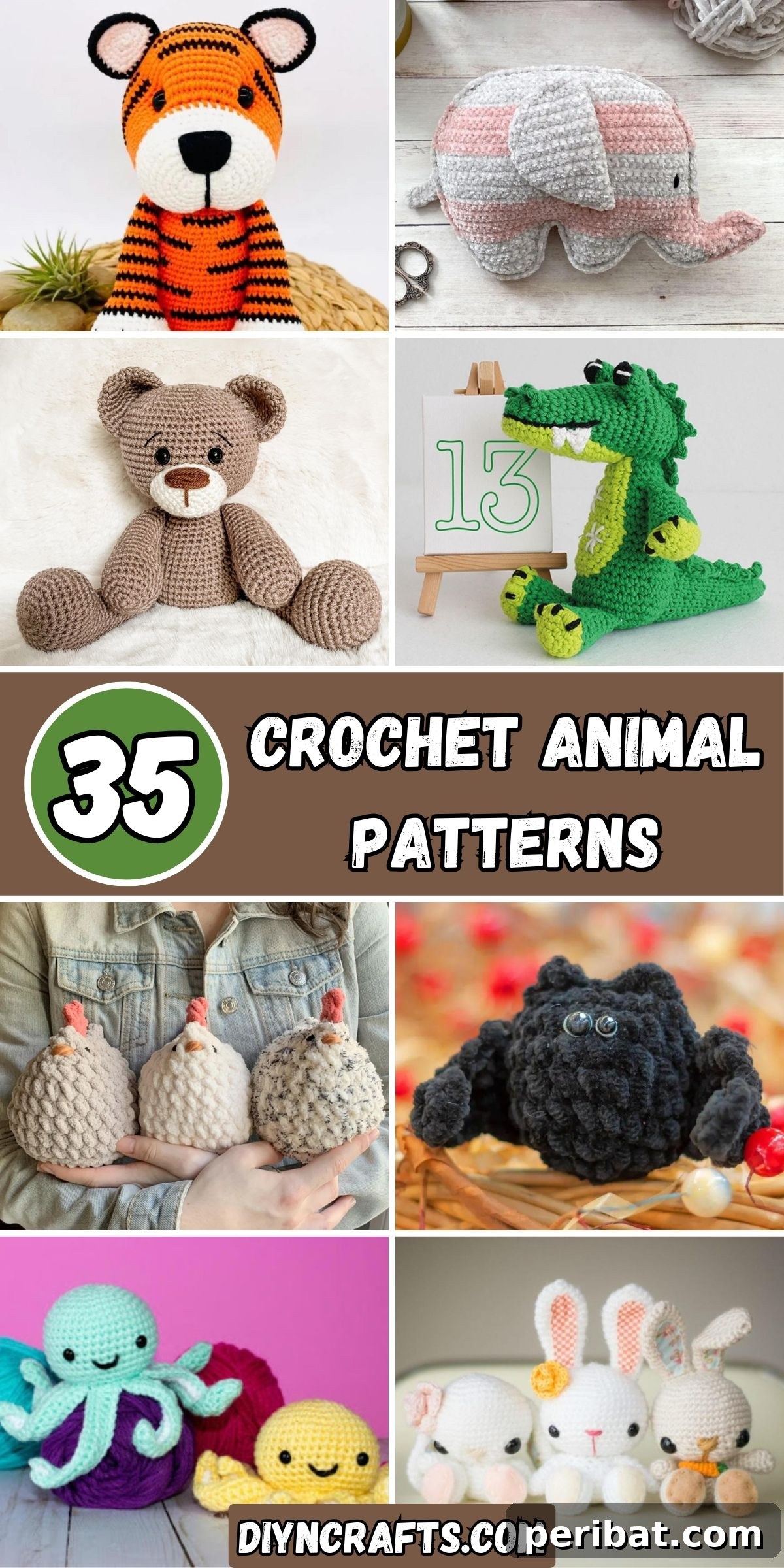 A vibrant collage showcasing 35 diverse crochet animal patterns, including dinosaurs, unicorns, flamingos, bunnies, narwhals, cats, crocodiles, bears, chickens, sharks, penguins, birds, frogs, giraffes, cows, lambs, octopuses, tigers, axolotls, snakes, poodles, elephants, hippos, bats, alpacas, mice, bees, and bunnies.
