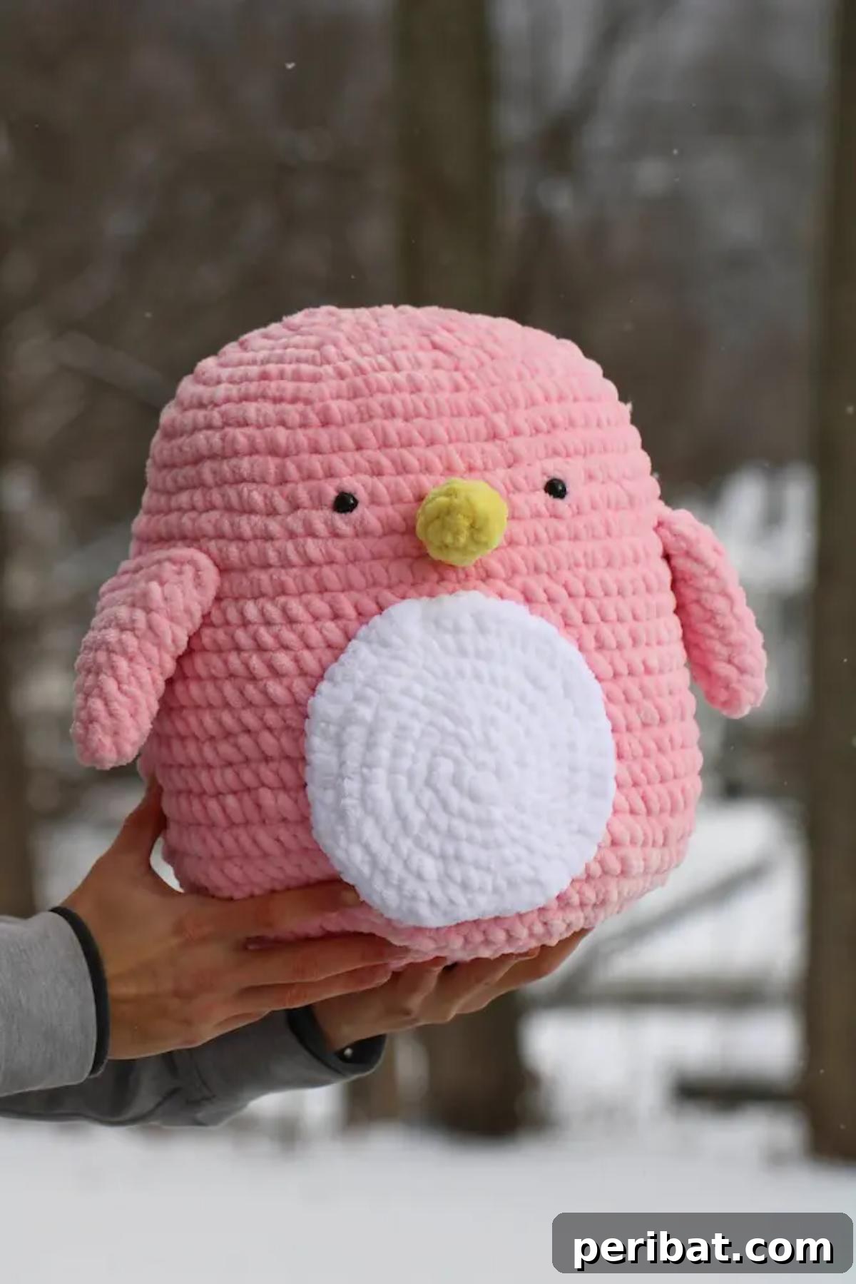 A large, cuddly amigurumi Jumbo Crochet Penguin made with velvet yarn.