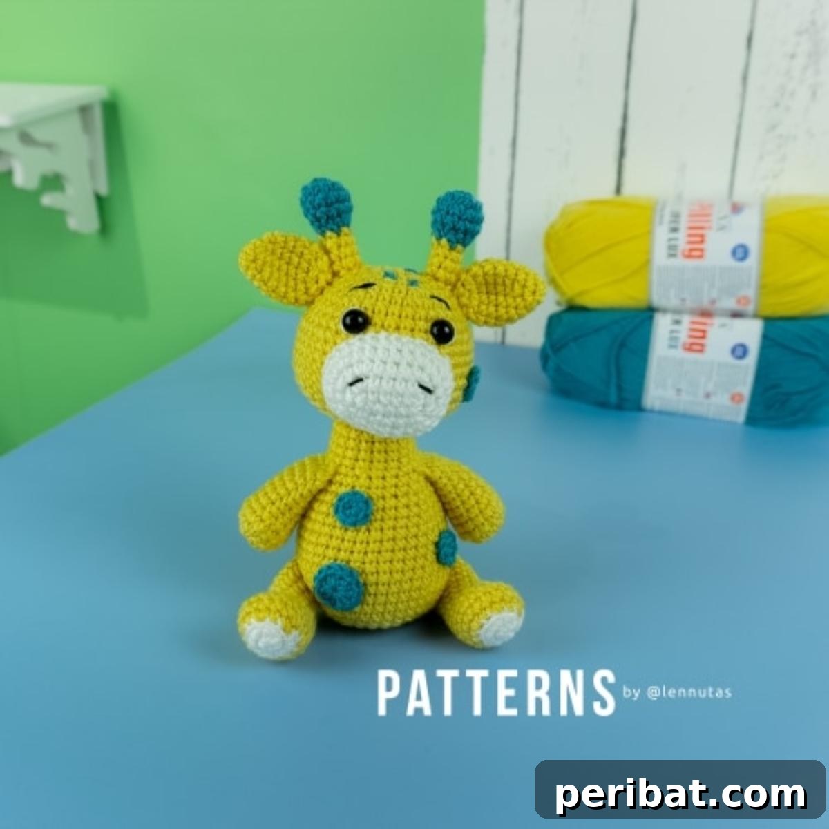A tall, friendly amigurumi crochet giraffe with characteristic spots.