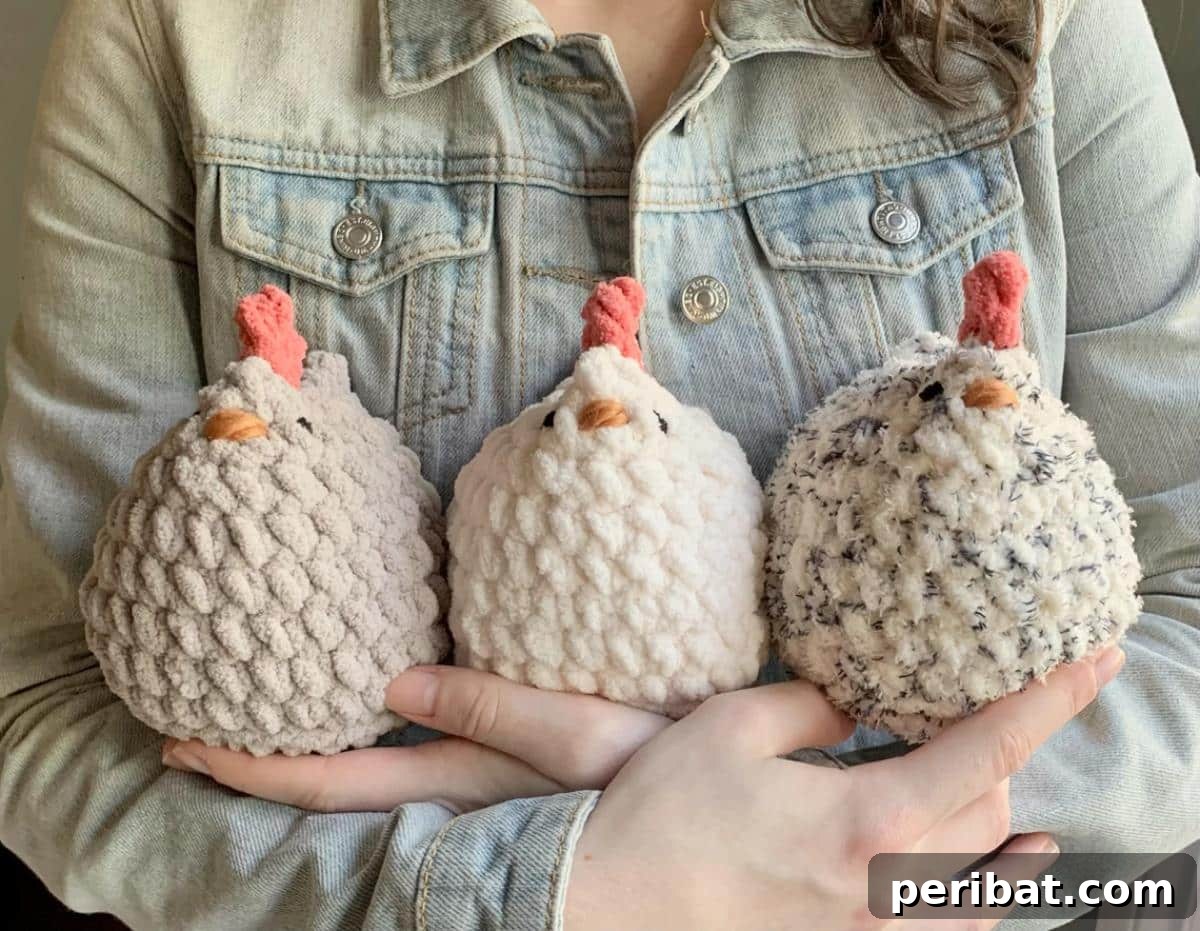 Two cheerful amigurumi Crochet Mabel Chickens, one larger and one smaller.