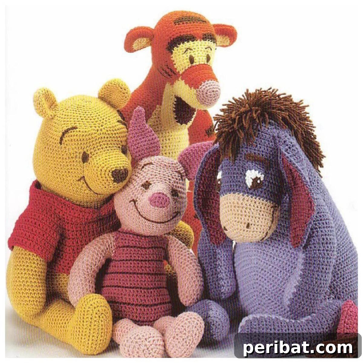 A charming set of amigurumi Crochet Vintage Winnie Pooh and Friends, including Winnie Pooh, Piglet, and Eeyore.