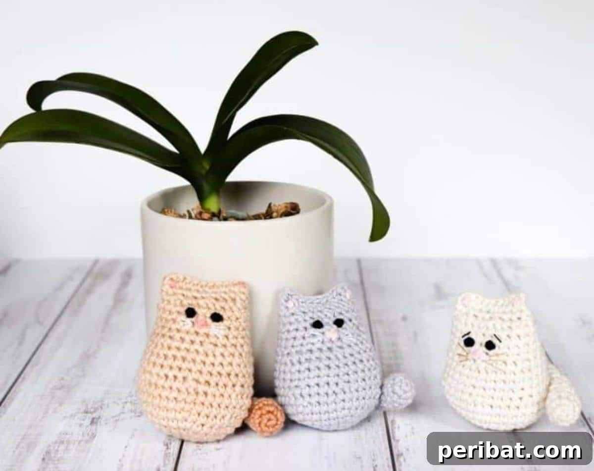 Two tiny and adorable Itty Bitty Crochet Kitties, one striped and one solid colored.