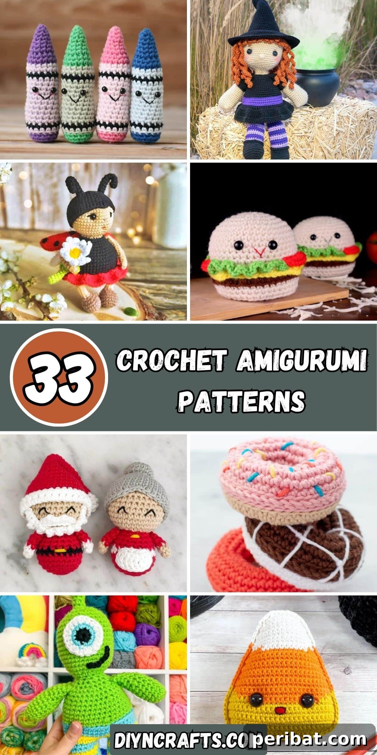 33 Cuddly Amigurumi Friends to Crochet 2 A vibrant collage showcasing 33 diverse and adorable crochet amigurumi patterns, including dolls, food, animals, and whimsical items.