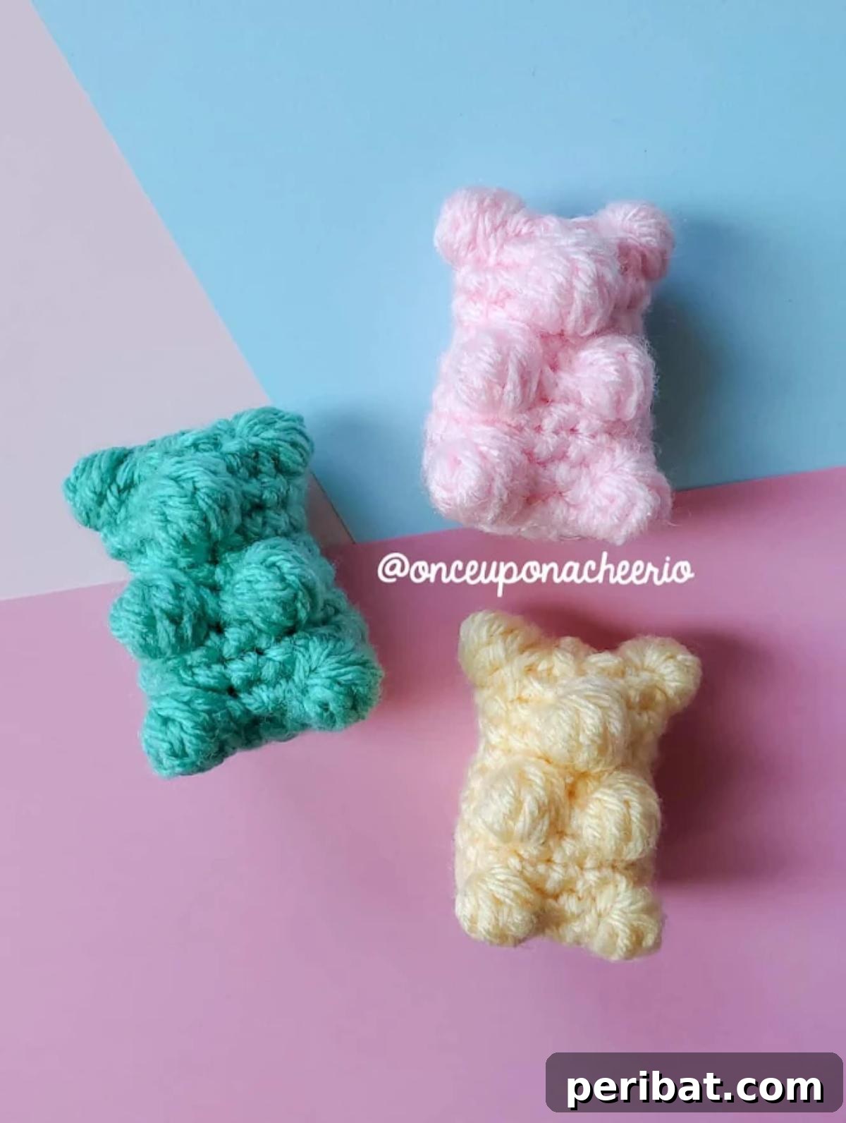 33 Cuddly Amigurumi Friends to Crochet 15 A colorful array of no-sew amigurumi gummy bears, each in a different vibrant hue, looking cuddly and sweet.