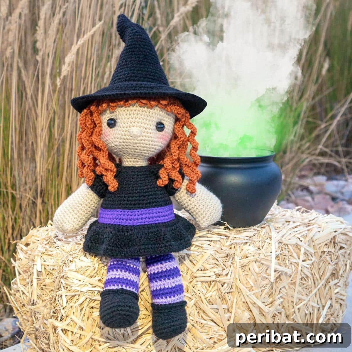 33 Cuddly Amigurumi Friends to Crochet 22 Regina the Witch amigurumi, featuring a striking black dress, a pointy hat, and vibrant purple hair, ready for Halloween.