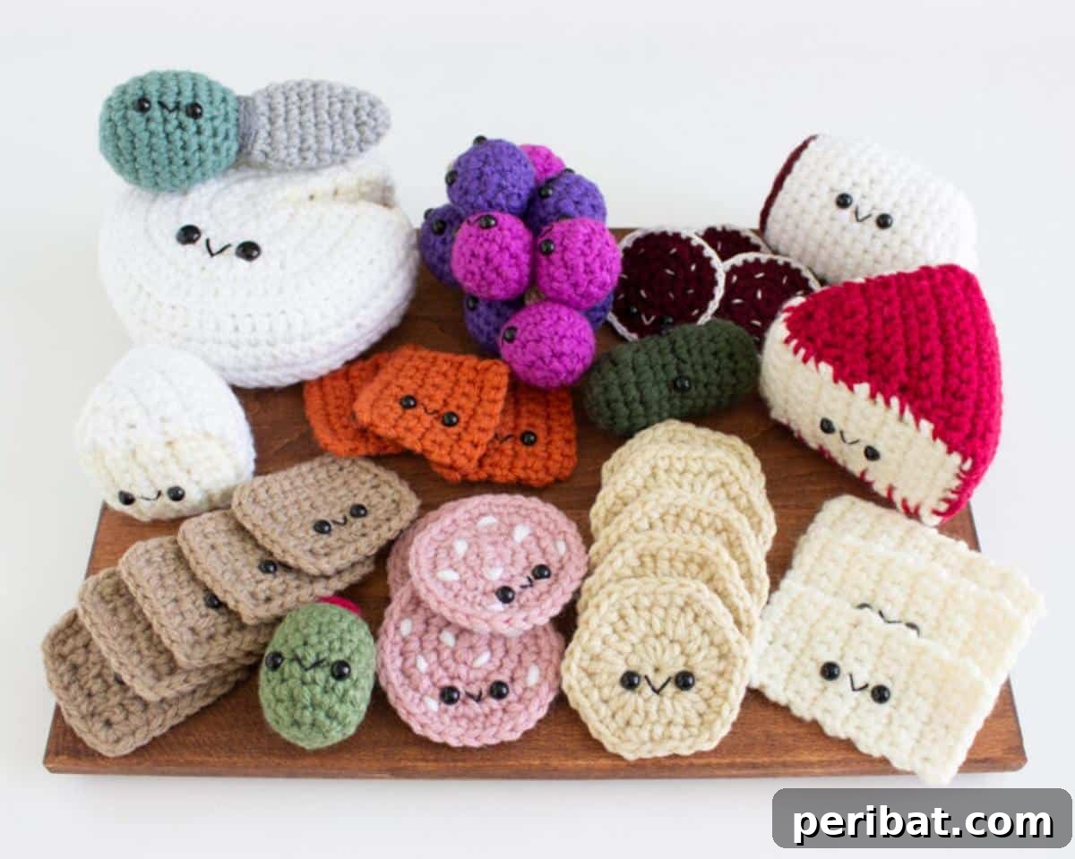 33 Cuddly Amigurumi Friends to Crochet 29 A charming amigurumi charcuterie board, featuring miniature crochet cheese wedges, crackers, and a grape cluster.