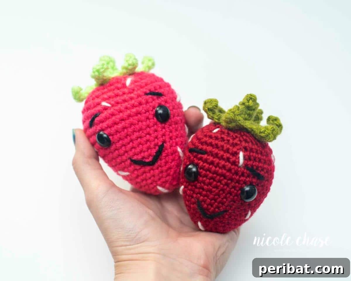 33 Cuddly Amigurumi Friends to Crochet 5 Three cheerful smiling amigurumi strawberries, perfect for adding a sweet, fruity charm to any project.