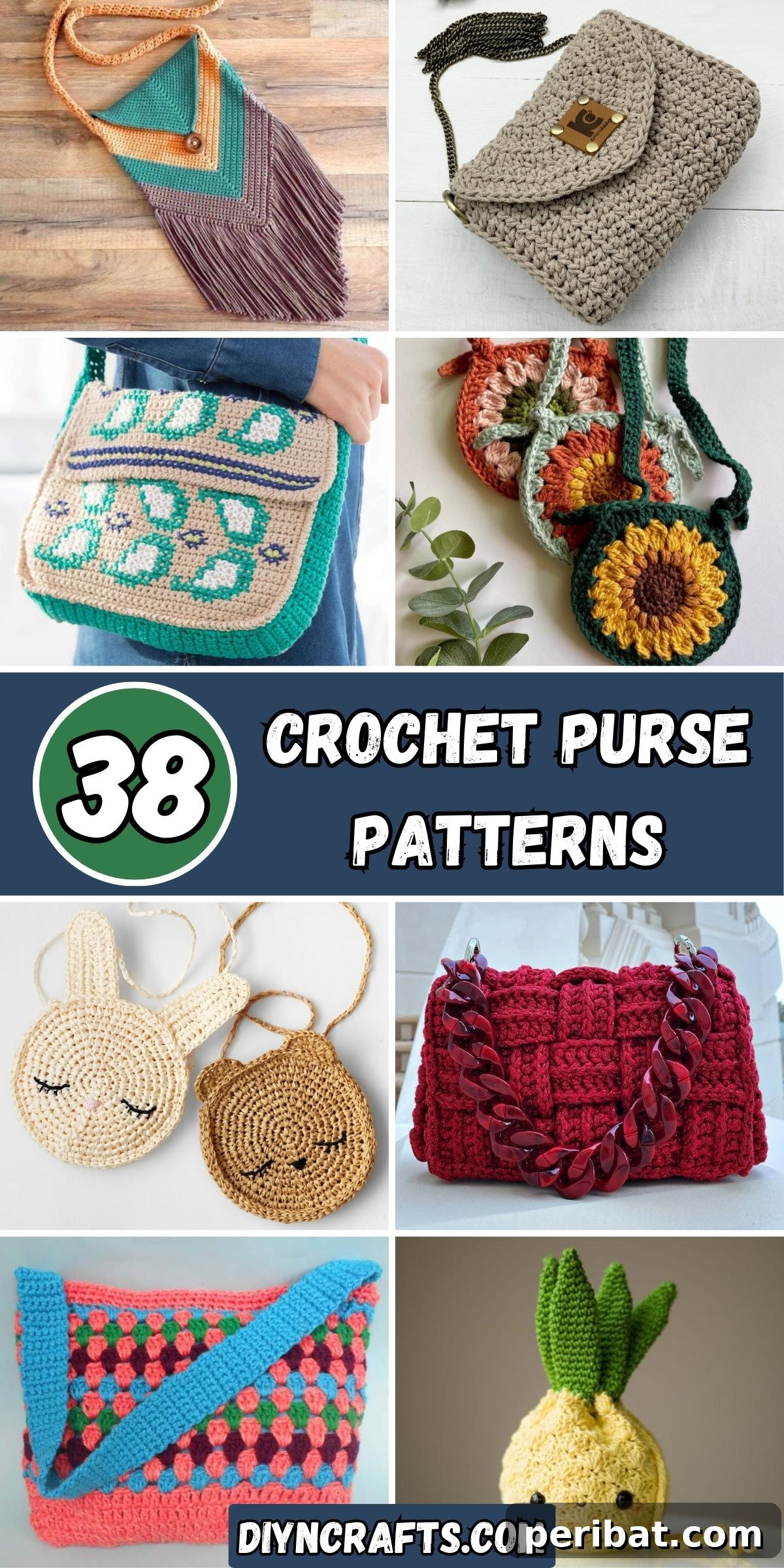 A diverse collage of 38 unique crochet purse patterns, showcasing various styles, colors, and textures suitable for different occasions and skill levels.
