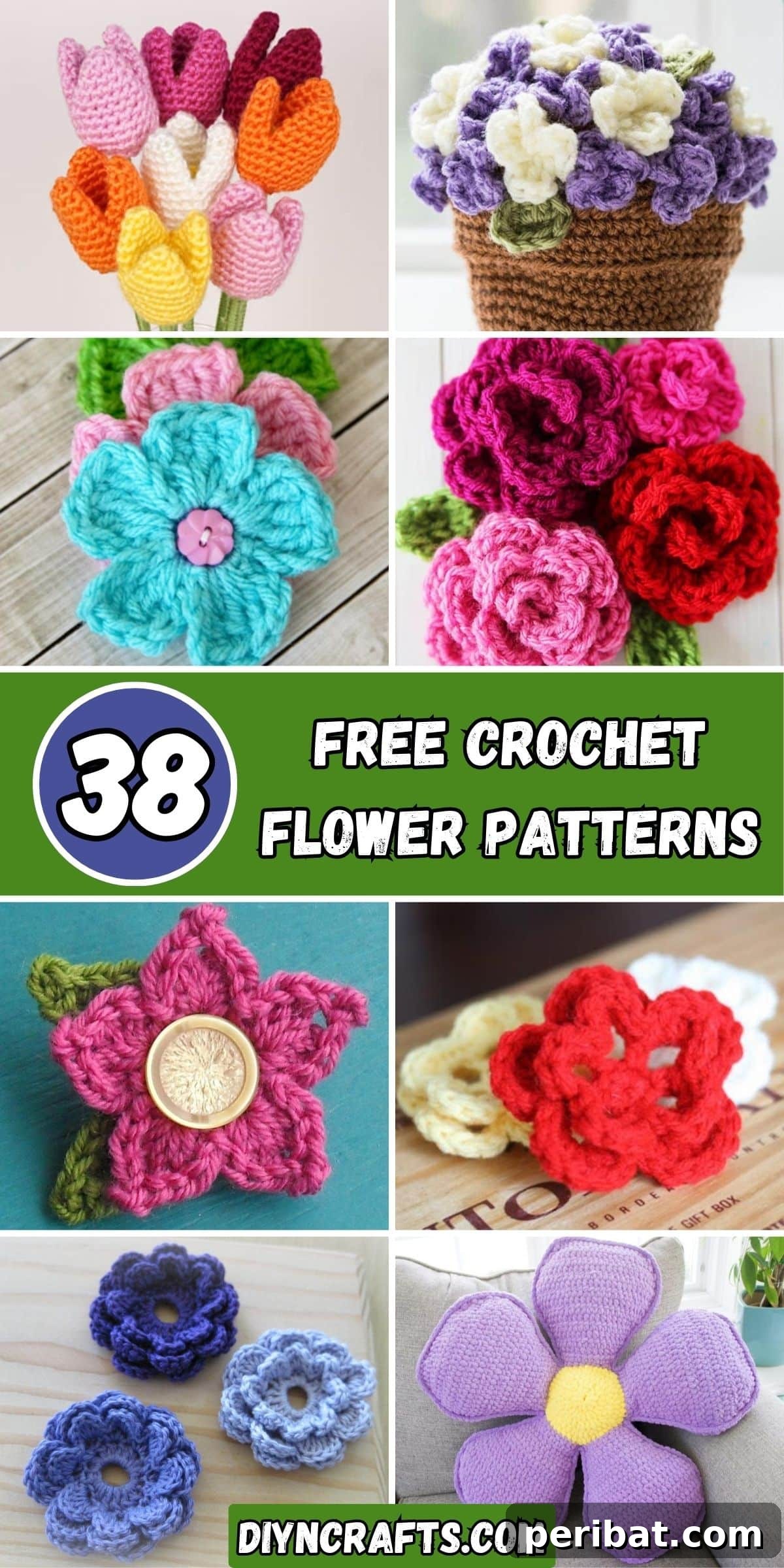 A beautiful collage showcasing 38 diverse free crochet flower patterns, inspiring creativity.