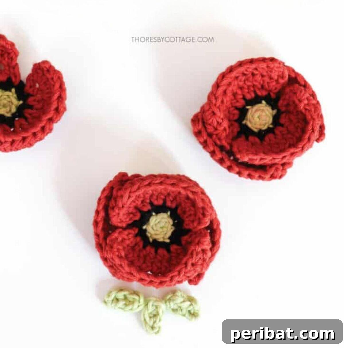 Bold red crochet poppies, symbolizing remembrance and beauty.