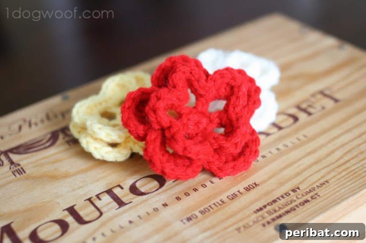 A collection of colorful 5-petal crochet flowers, ideal for embellishments and quick projects.