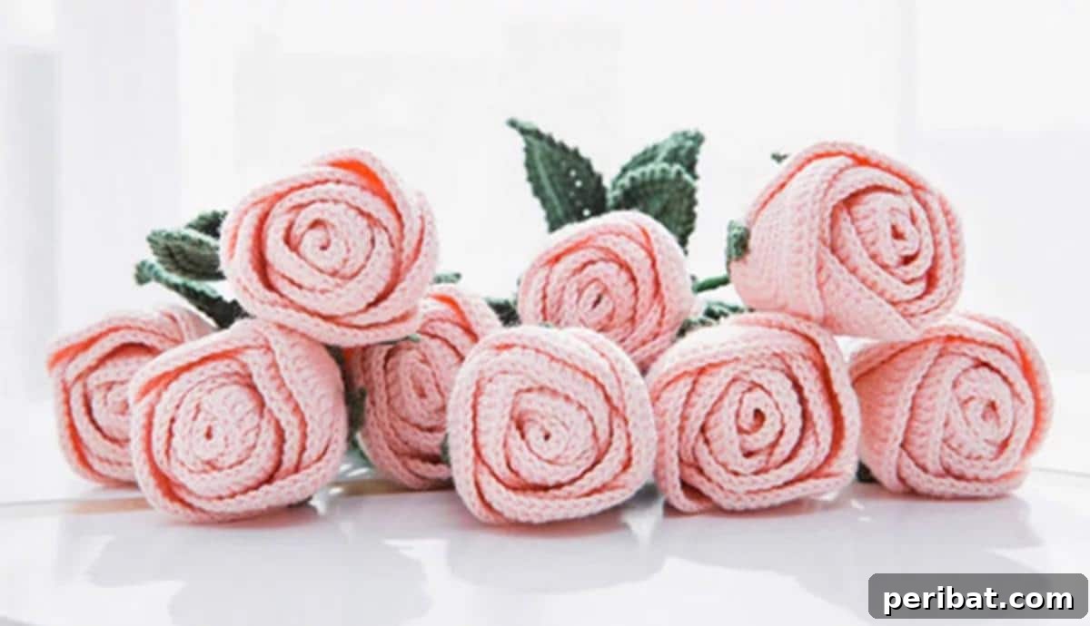 Delicate crochet roses in various shades, offering timeless elegance and ease of creation.