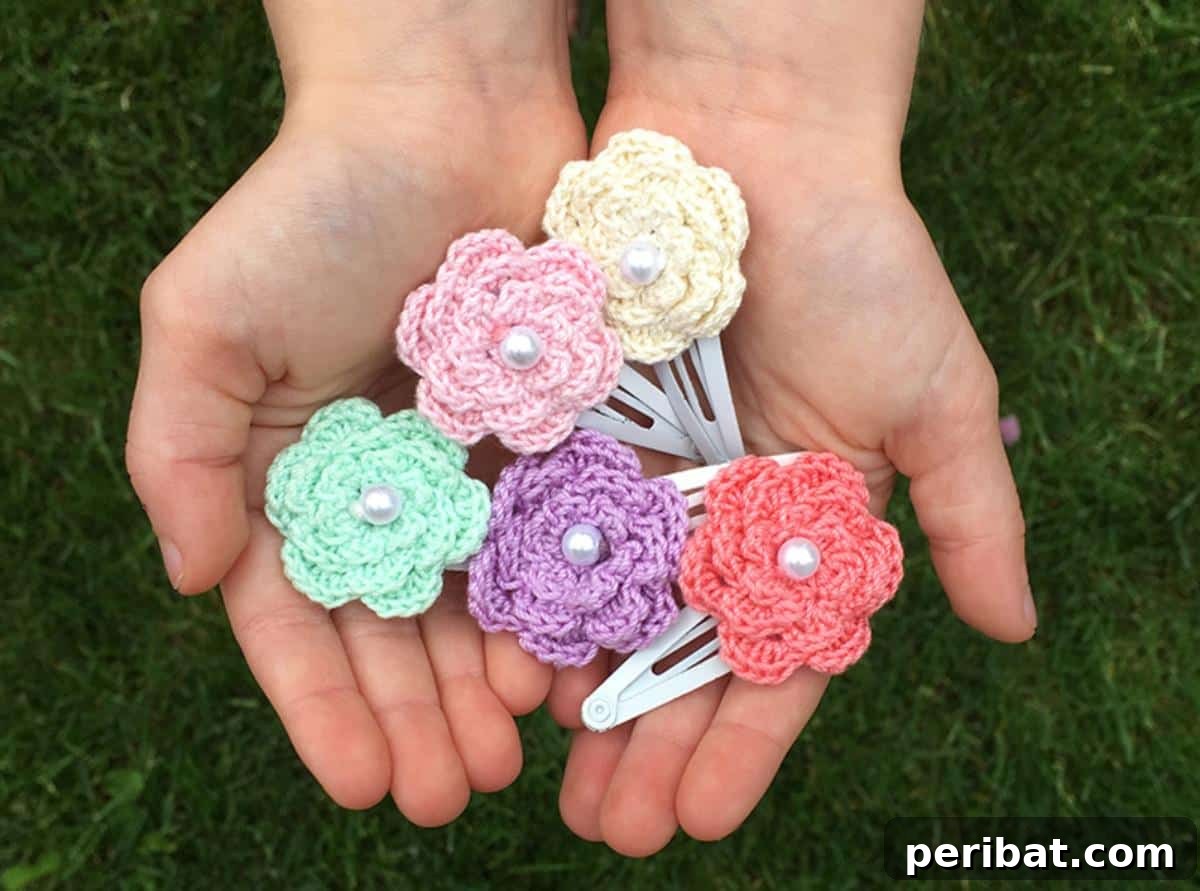Adorable quick and easy crochet flower hair clips, perfect for adding a touch of handmade charm.