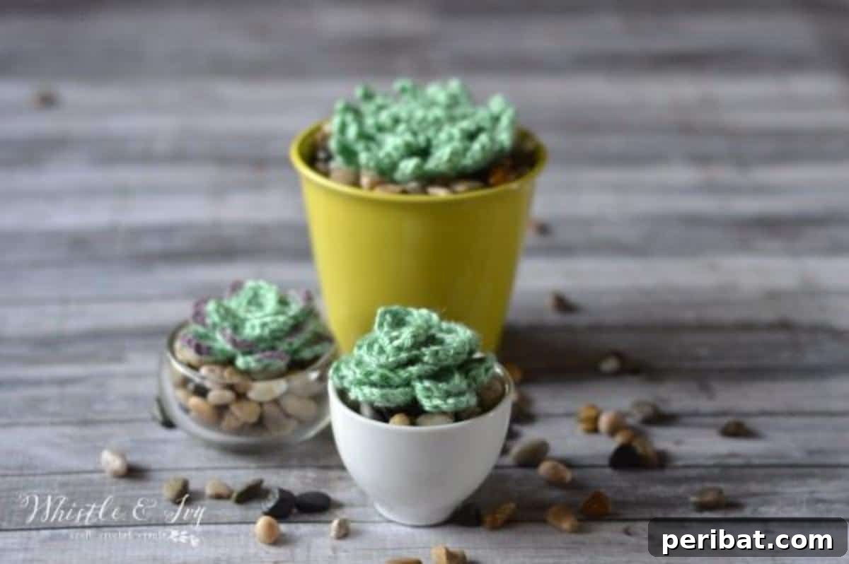 A cute collection of easy, adorable crochet succulents in various green hues, perfect for fuss-free decor.