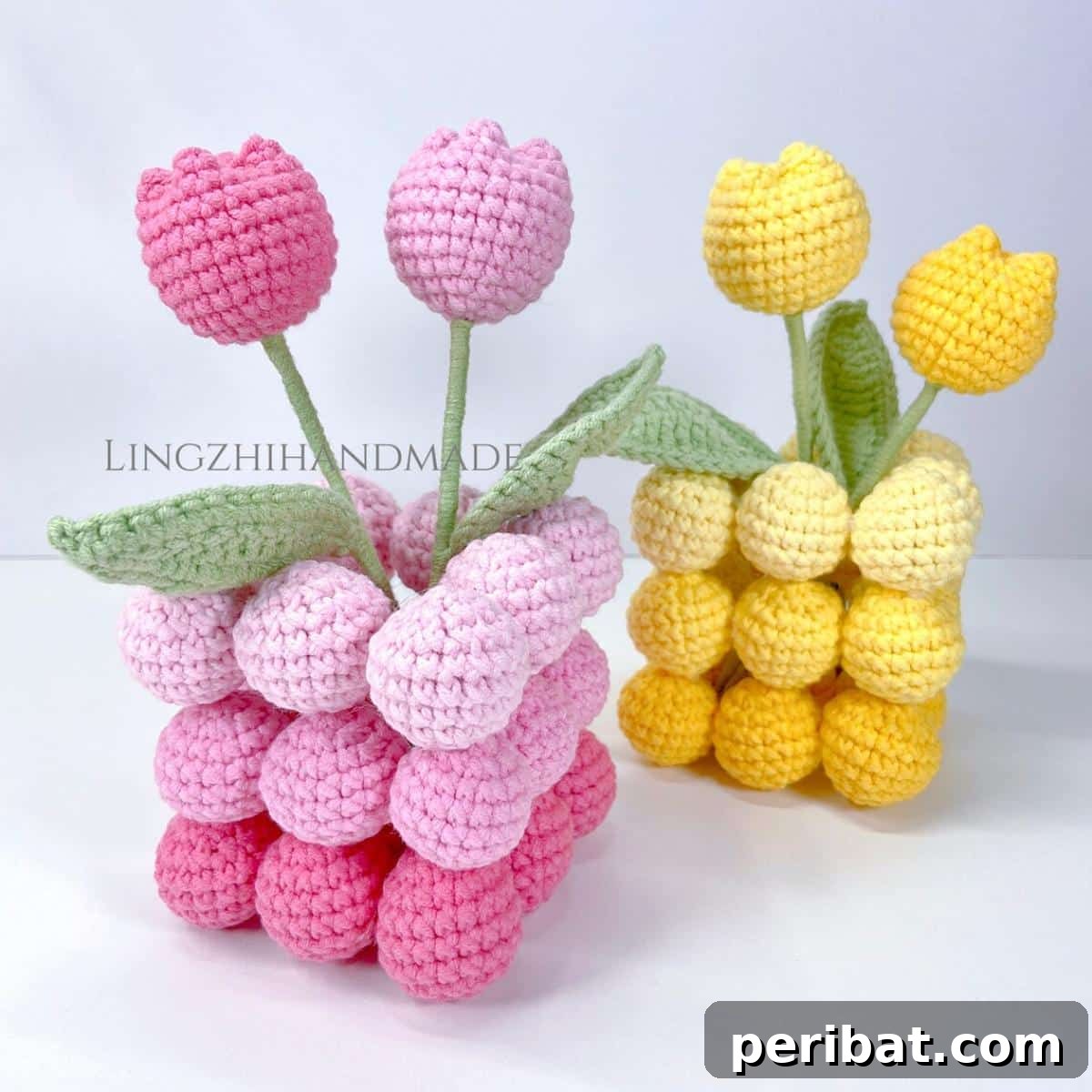 Elegant crochet tulips arranged in a crocheted vase, forming a complete and unique floral display.