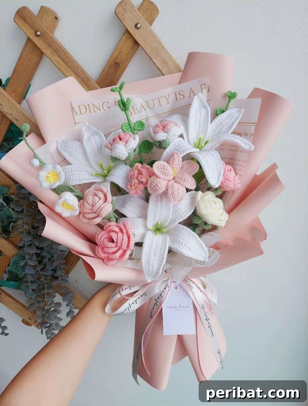 A stunning crochet lilies bouquet, featuring intricate details and a graceful arrangement.