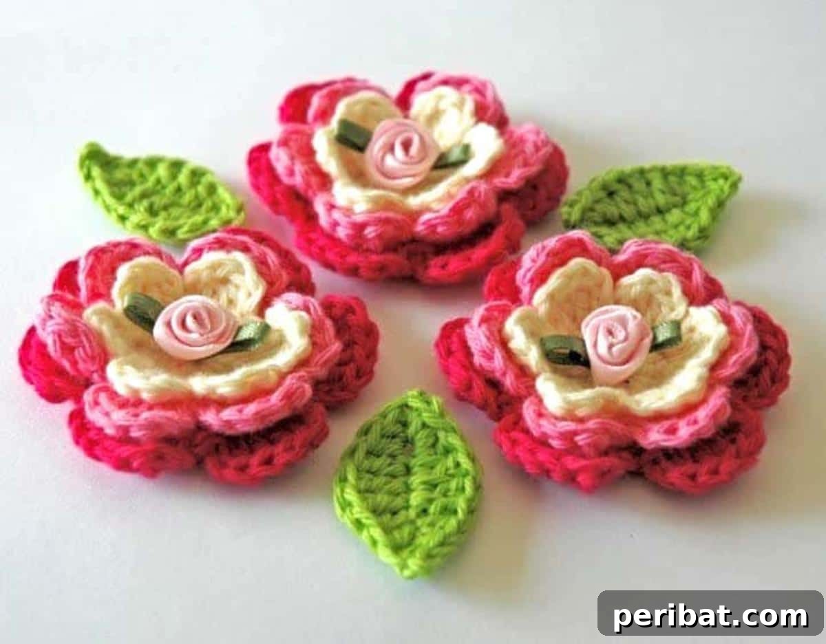 A lovely arrangement of blooming crochet flowers and leaves, perfect for creating a lush, handcrafted bouquet.