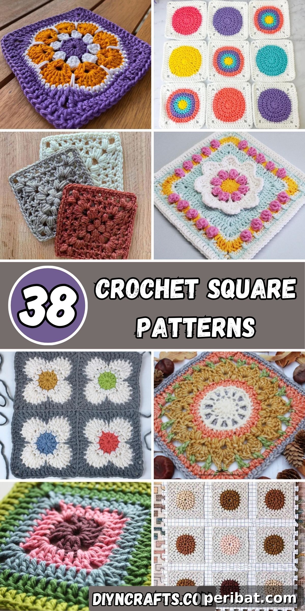38 Creative Crochet Square Designs 2 38 Crochet Square Patterns collage featuring various designs from beginner-friendly granny squares to intricate floral and geometric motifs.