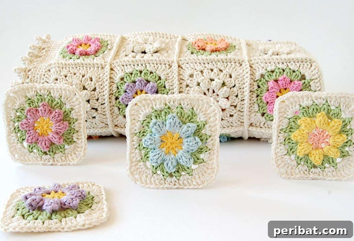 38 Creative Crochet Square Designs 11 A tutorial for creating beautiful Primavera flowers granny squares.
