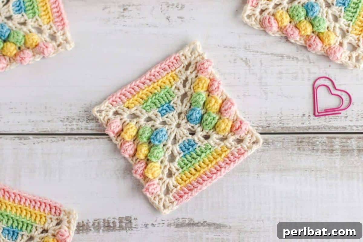 38 Creative Crochet Square Designs 17 A colorful rainbow gumdrop crochet square, a free pattern for vibrant projects.