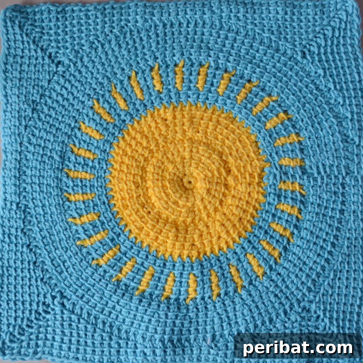 38 Creative Crochet Square Designs 25 A unique Tunisian crochet sun square pattern, radiating warmth.