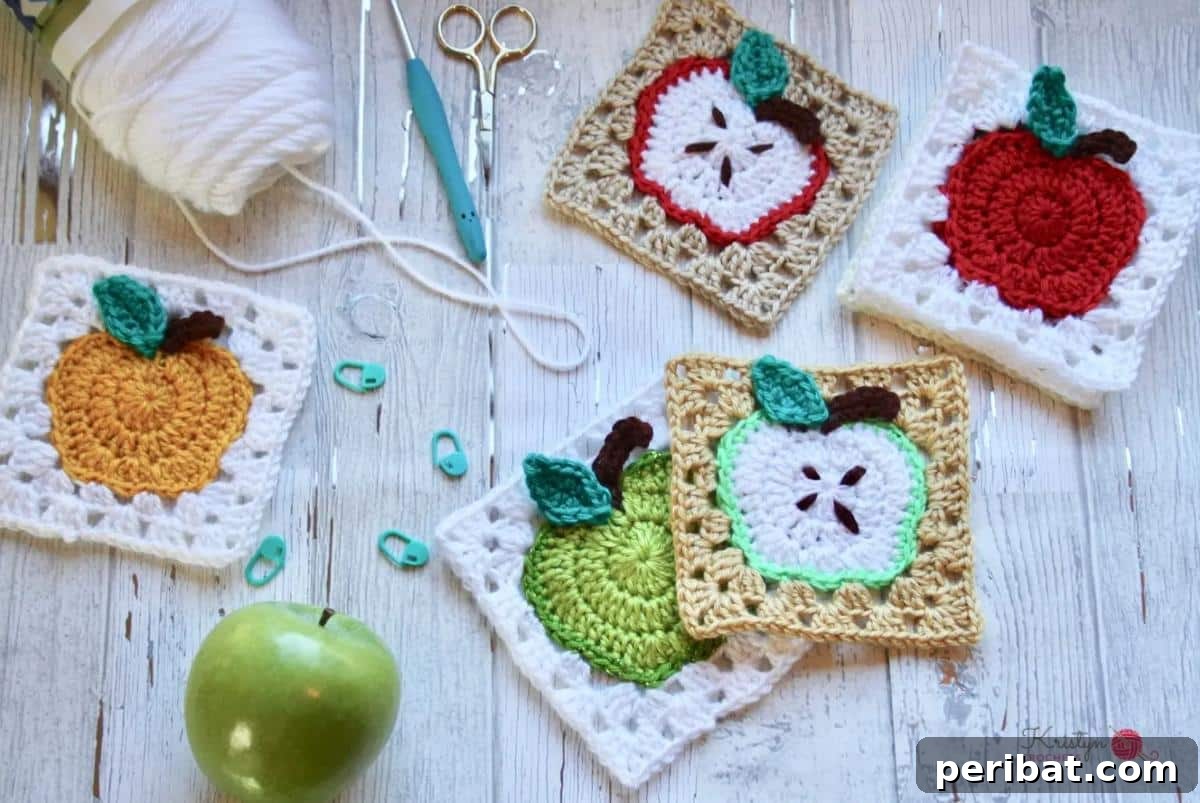 38 Creative Crochet Square Designs 30 A charming apple granny square free crochet pattern, great for autumn or kitchen projects.