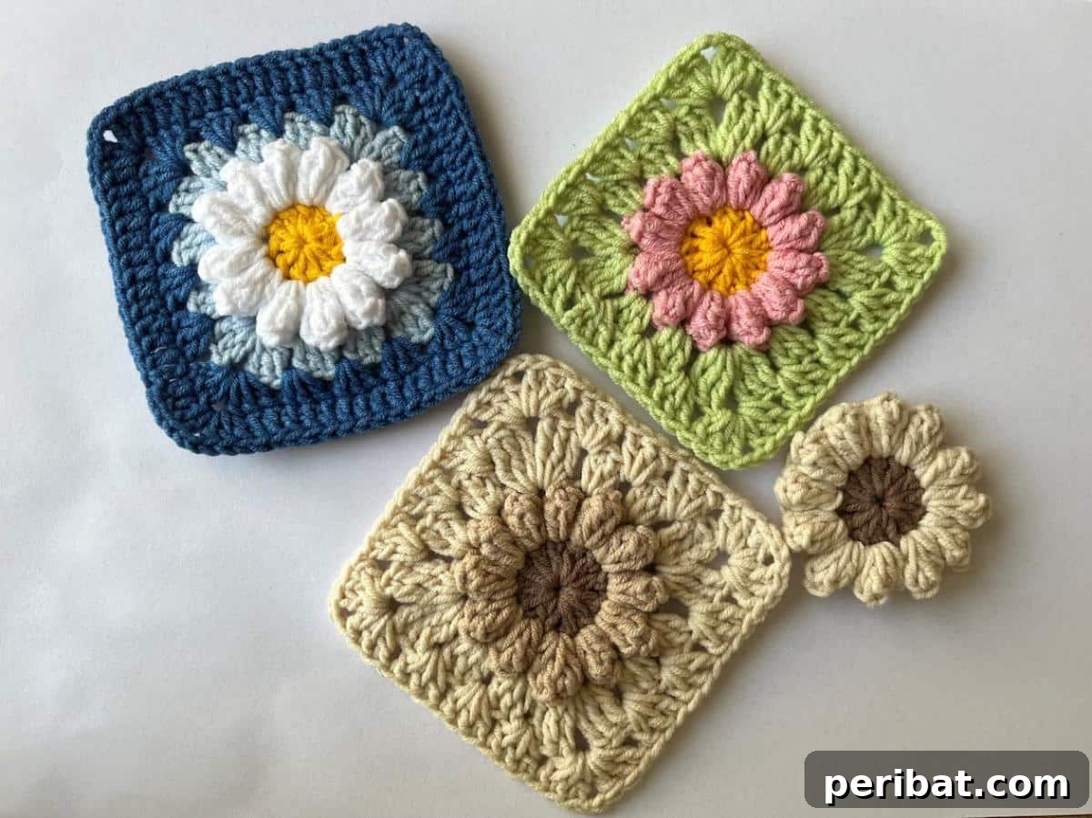 38 Creative Crochet Square Designs 40 A charming 3D daisy granny square pattern with a delightful pop-out effect.