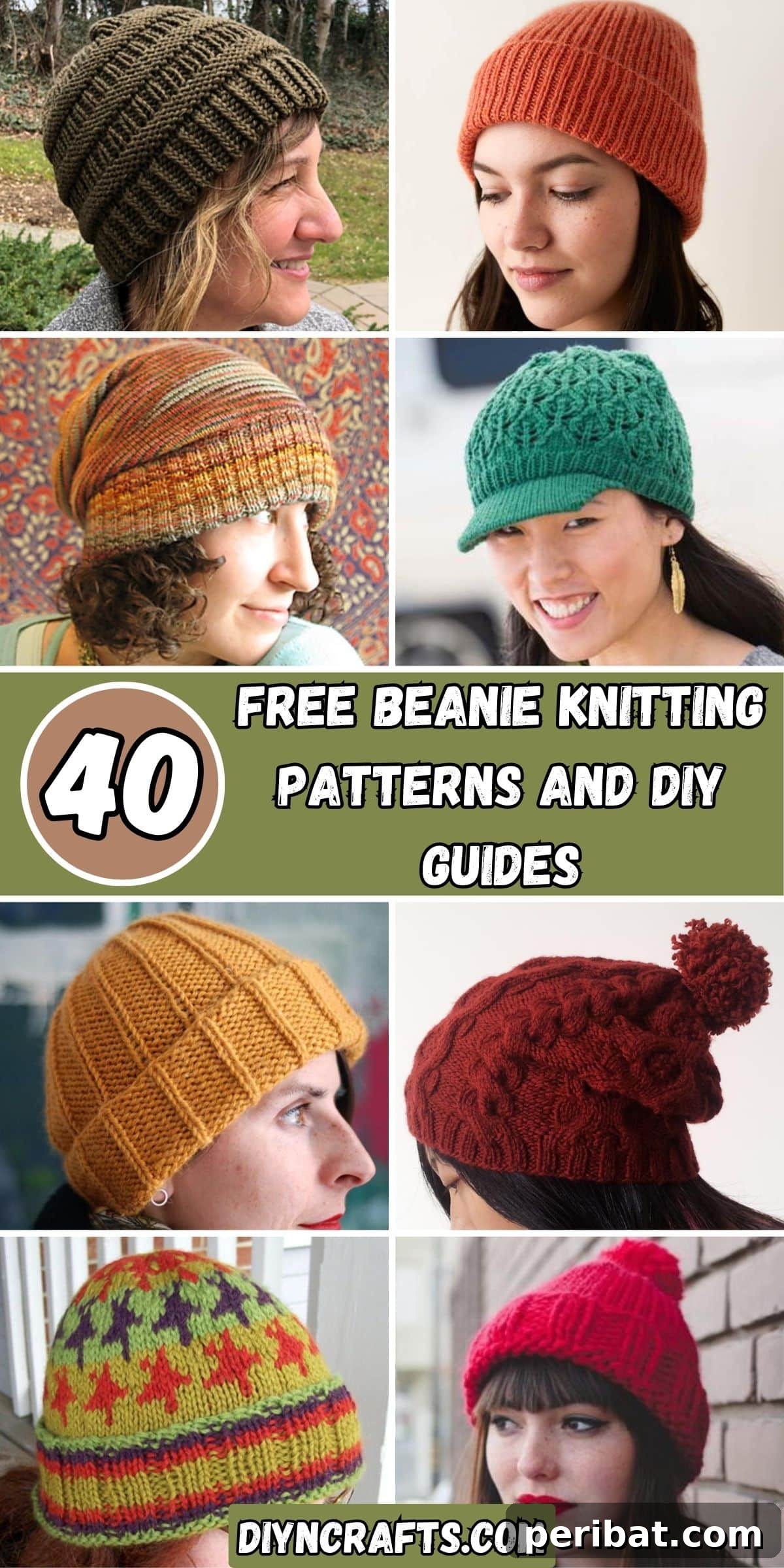 Cozy Knits: 40 Free Beanie Patterns and Tutorials 2 A vibrant collage showcasing 40 different free beanie knitting patterns and DIY guides, inspiring crafters of all skill levels to create their next cozy headwear.