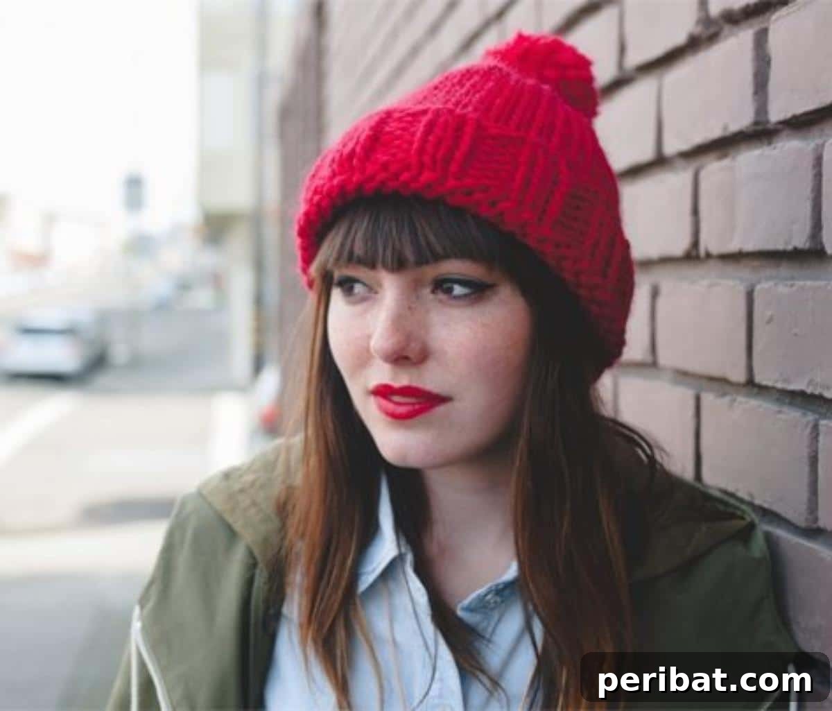 Cozy Knits: 40 Free Beanie Patterns and Tutorials 10 A delightful chunky knit hat for beginners, combining an oversized pom-pom with a cozy reverse stockinette stitch for a blend of playfulness and practicality.