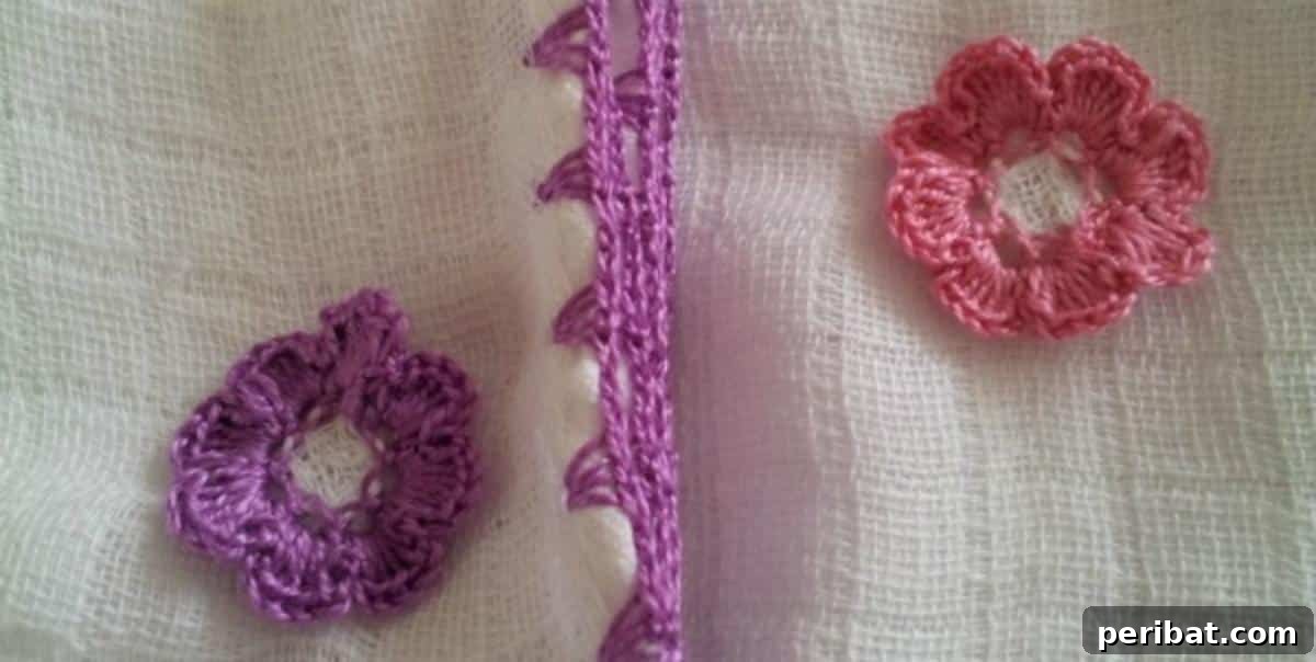 38 Creative Crochet Edging Ideas 12 Customizable Crochet Edge with Surface Crochet Flowers, adding floral embellishments.