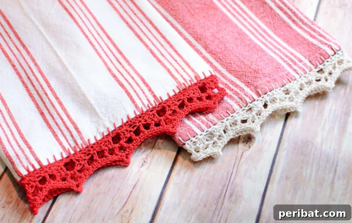 38 Creative Crochet Edging Ideas 13 Elegant Crochet Edged Tea Towel pattern, perfect for kitchen decor and gifts.