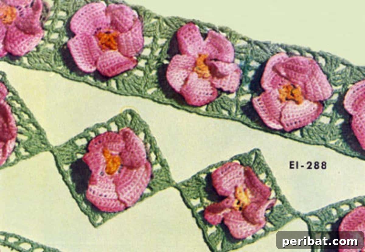 38 Creative Crochet Edging Ideas 35 Charming Apple Blossom Edging and Insertion Pattern with three-dimensional blossoms.