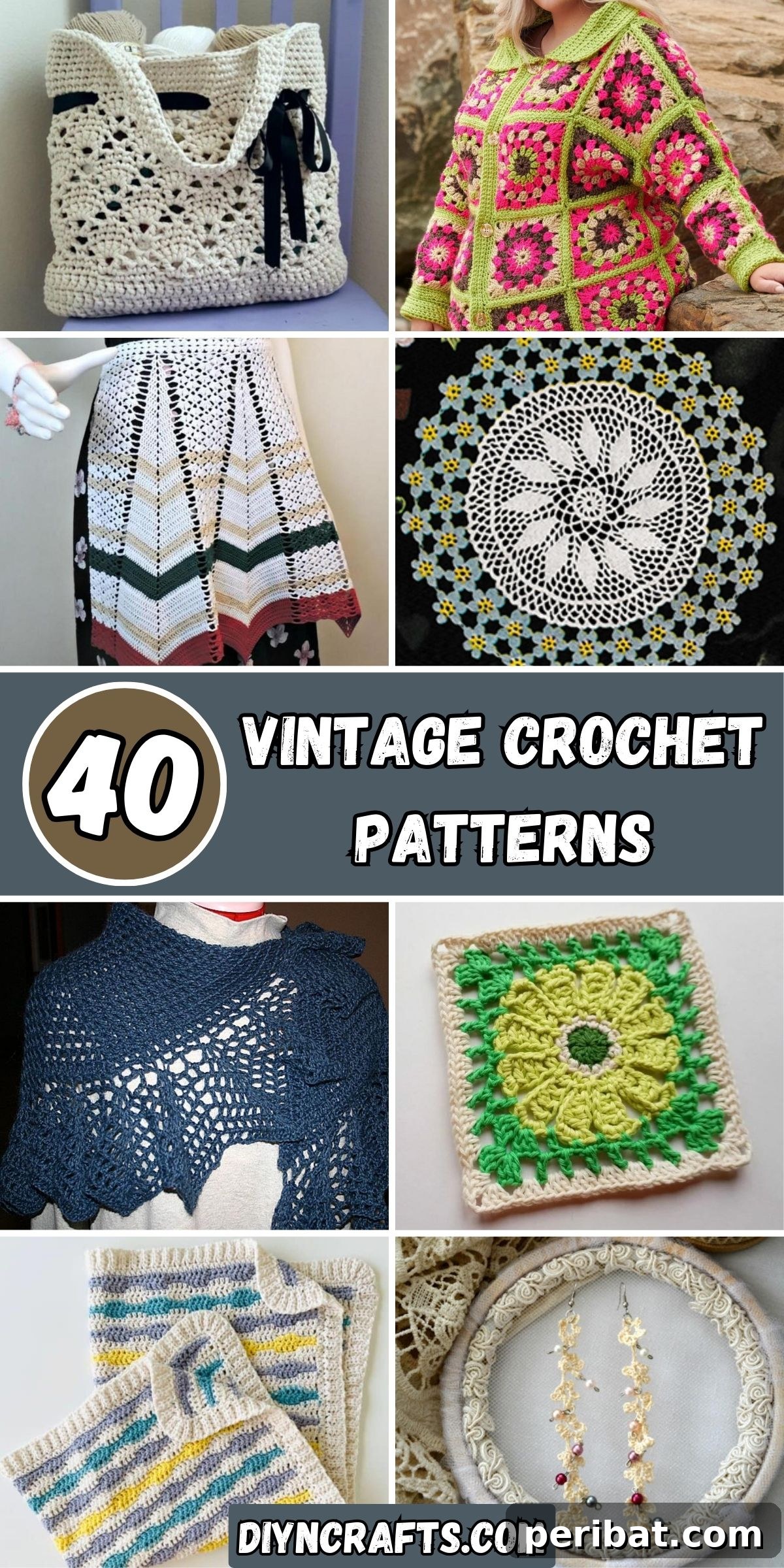 Heirloom Crochet: 40 Timeless Patterns 2 A vibrant collage featuring 40 unique vintage crochet patterns, including doilies, garments, blankets, and accessories, showcasing the rich history and diverse styles of handmade crochet art.