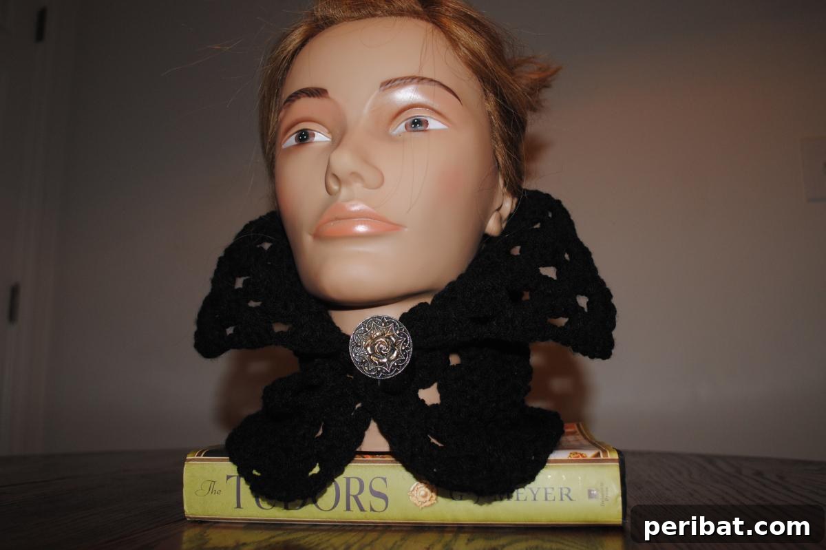 Heirloom Crochet: 40 Timeless Patterns 17 Intricately detailed Victorian/Steampunk Cowl, a unique crochet accessory that blends historical elegance with futuristic industrial aesthetics, perfect for dramatic outfits.