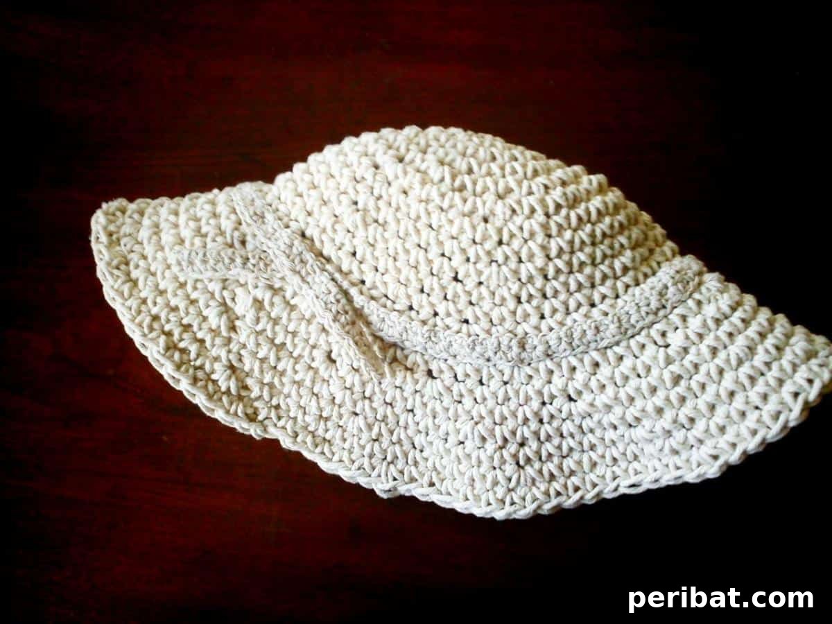 Heirloom Crochet: 40 Timeless Patterns 18 Charming 1950s-Style Wide Brimmed Hat crafted from stiff string with a decorative band, offering vintage sophistication perfect for summer wardrobes.