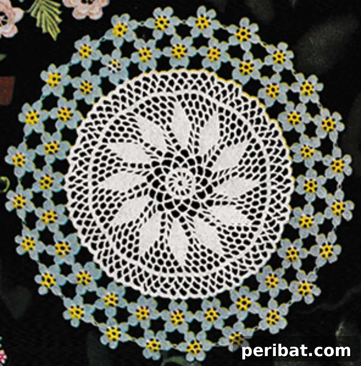 Heirloom Crochet: 40 Timeless Patterns 4 Exquisite Forget-Me-Not Doily Pattern featuring delicate floral motifs and intricate lacework, ideal for vintage home decor.