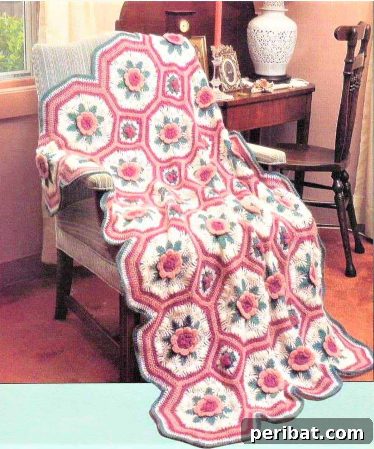 Heirloom Crochet: 40 Timeless Patterns 40 Beautiful Vintage Victoria Garden Afghan Bedspread, evoking nostalgia with bright floral motifs, creating a stunning 'bed of flowers' for any bedroom.