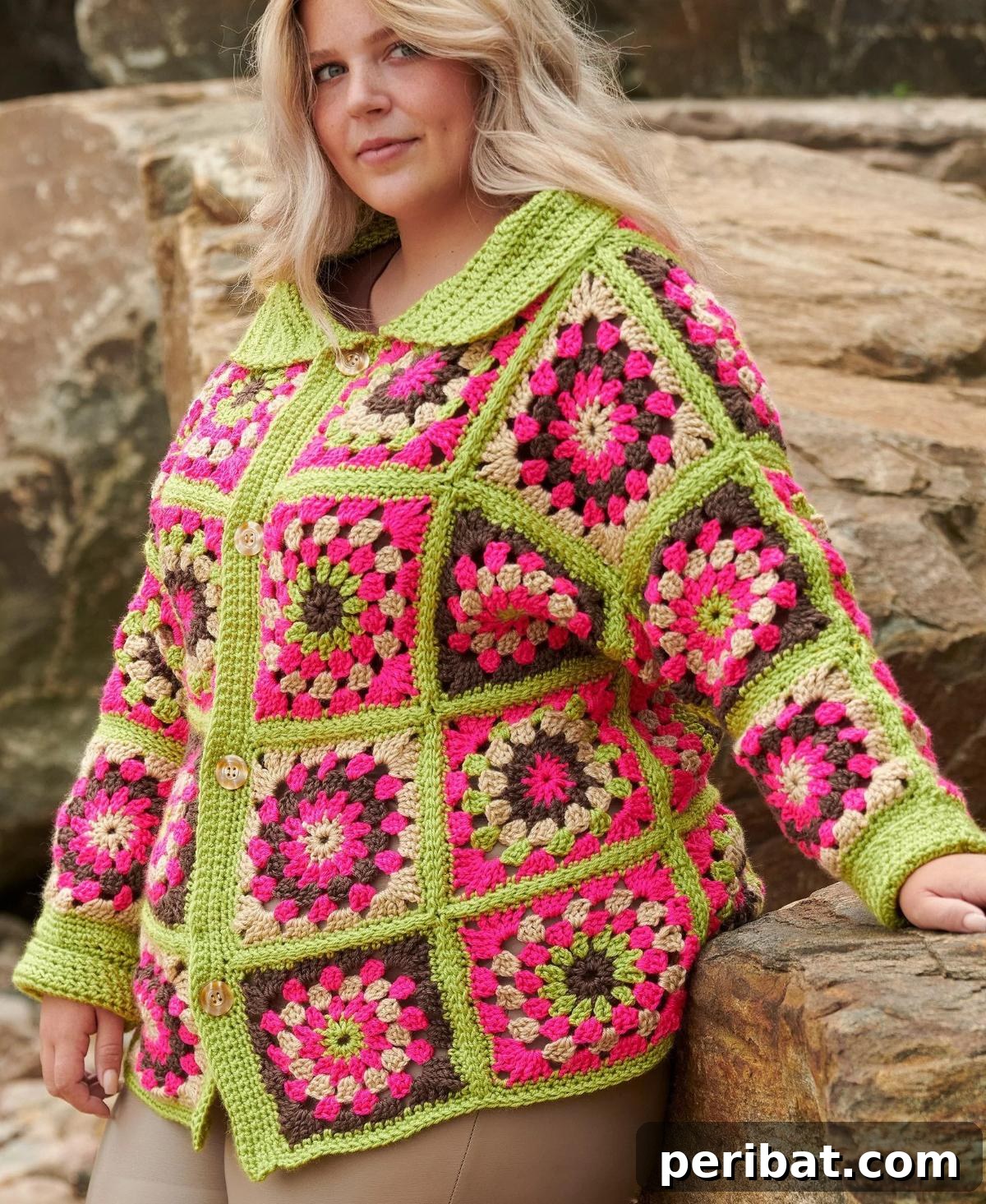 Heirloom Crochet: 40 Timeless Patterns 5 Vibrant Caron Bright & Bold Crochet Granny Square Cardigan, showcasing colorful floral motifs in a stylish vintage design.