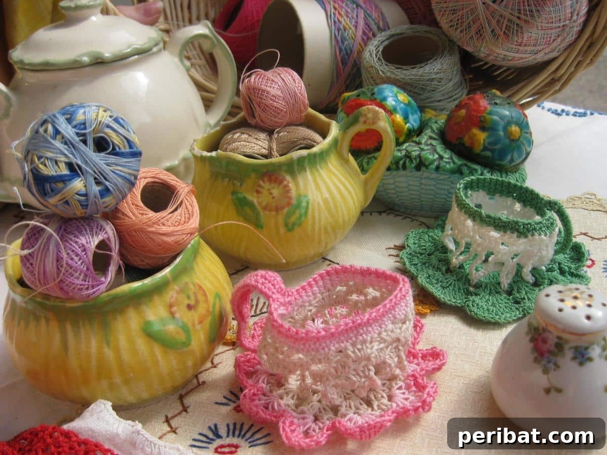 Heirloom Crochet: 40 Timeless Patterns 9 Adorable Crochet Twee Cup & Saucer cozy, perfect for holding hot beverages in style and adding a charming, quirky touch.