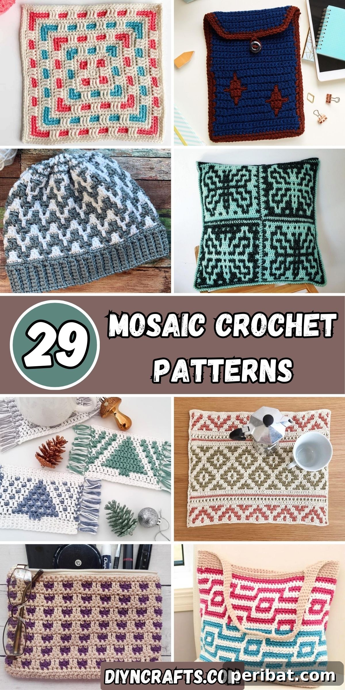 29 Creative Mosaic Crochet Patterns 2 29 Mosaic Crochet Patterns collage. A vibrant collection of mosaic crochet projects, showcasing diverse patterns, colors, and textures, including scarves, blankets, coasters, and bags.