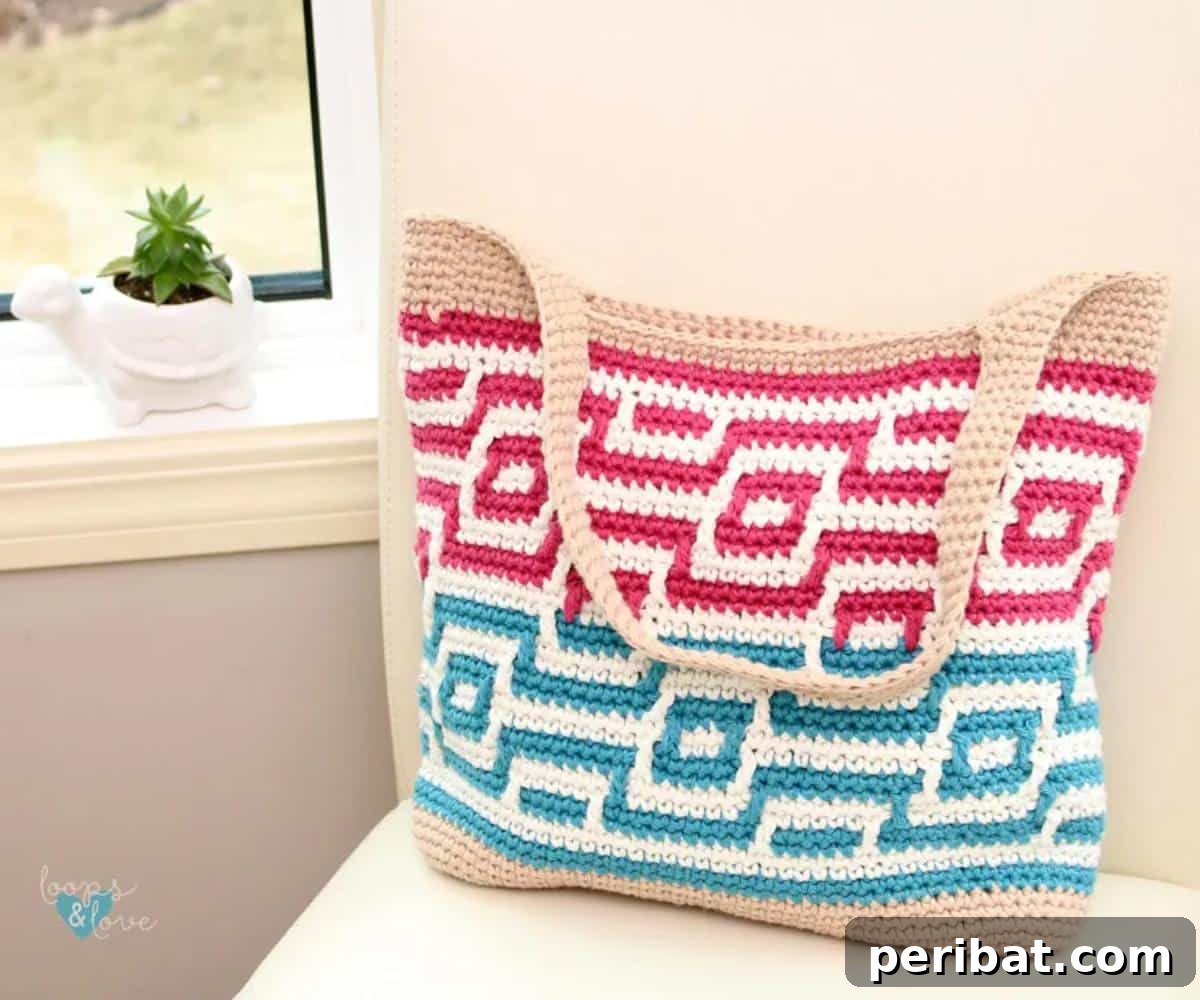 29 Creative Mosaic Crochet Patterns 11 Mosaic Summer Tote - A sturdy and eye-catching tote bag featuring a vibrant mosaic crochet pattern, ideal for summer outings and carrying essentials.