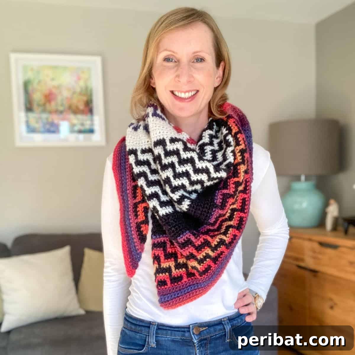 29 Creative Mosaic Crochet Patterns 16 Sedona Mosaic Crochet Shawl - A grand and intricate shawl inspired by the Sedona landscape, featuring rich mosaic patterns and colors.