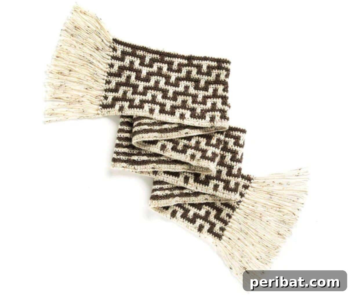 29 Creative Mosaic Crochet Patterns 19 Crochet Mosaic Stitch Scarf - A beautifully patterned scarf showcasing the mosaic crochet stitch, designed to be both intricate in appearance and straightforward to make.