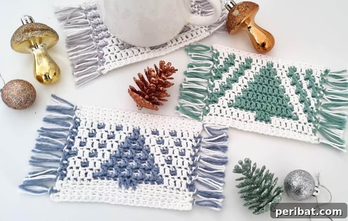 29 Creative Mosaic Crochet Patterns 5 Crochet Christmas Tree Coasters - Festive, tree-shaped coasters with a mosaic pattern, perfect for holiday entertaining and table decoration.