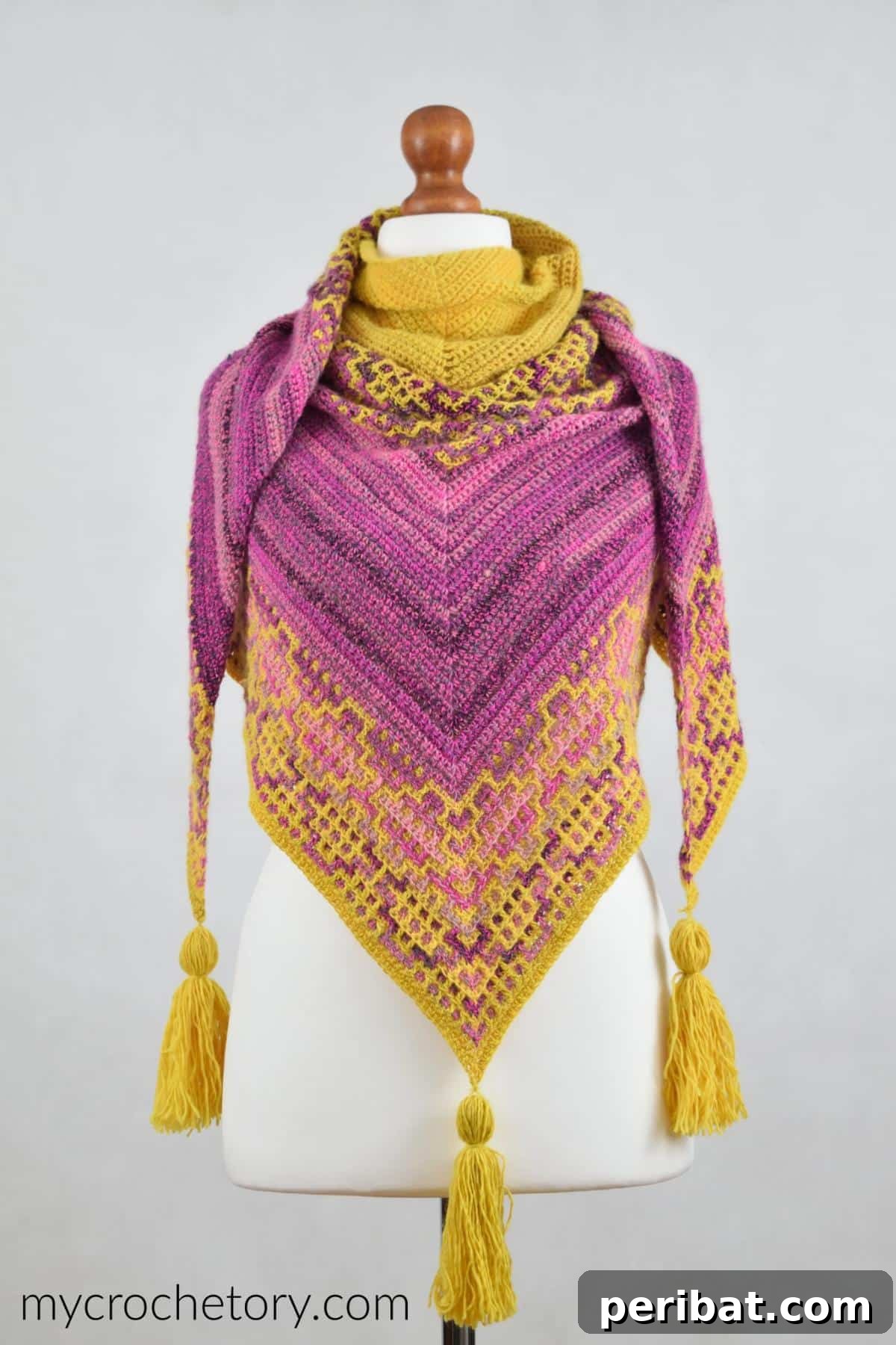 29 Creative Mosaic Crochet Patterns 6 Beautiful Crochet Shawl Mosaic - An elegant triangular shawl showcasing a complex and colorful mosaic crochet design, perfect for adding flair to any outfit.